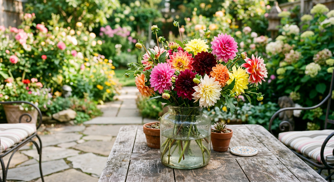 Garden dahlias in a glass vase on a wooden table surrounded by a lush garden