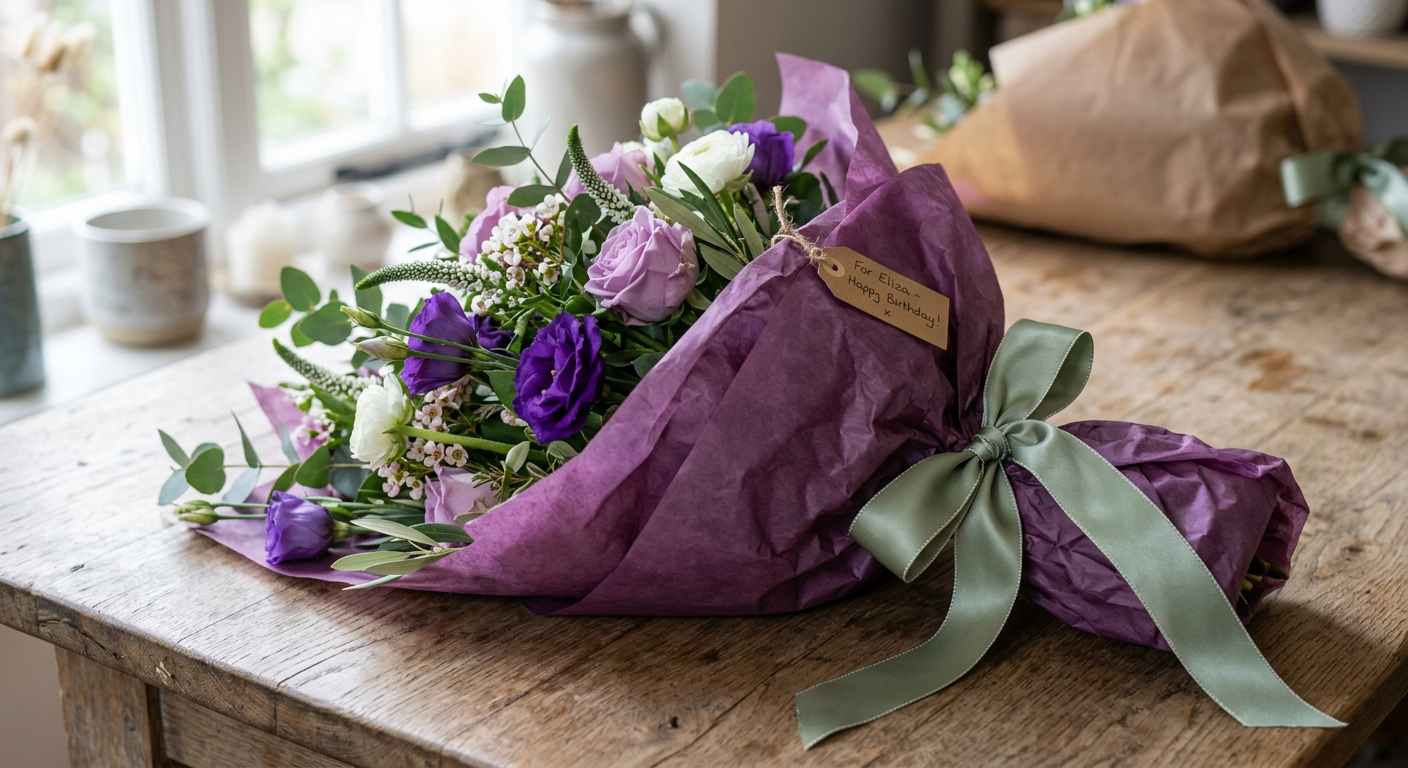 Purple wrapped bouquet with ribbon
